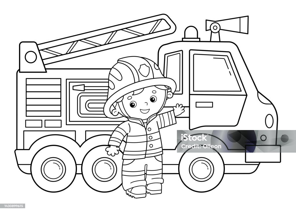 Ilustración de Dibujo Para Colorear Esquema Del Camión De Bomberos De  Dibujos Animados Con Bombero O Bombero Transporte Profesional Libro Para  Colorear Para Niños y más Vectores Libres de Derechos de Camión