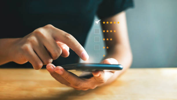 customer services best excellent business rating experience. Satisfaction survey concept. Hand of people chooses  smile face circle on mobile. 5 Star Satisfaction