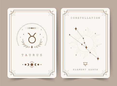 Taurus. Witchcraft cards with astrology zodiac sign and constellation. Perfect for tarot readers and astrologers. Occult magic background. Horoscope template. Vector illustration in boho style.