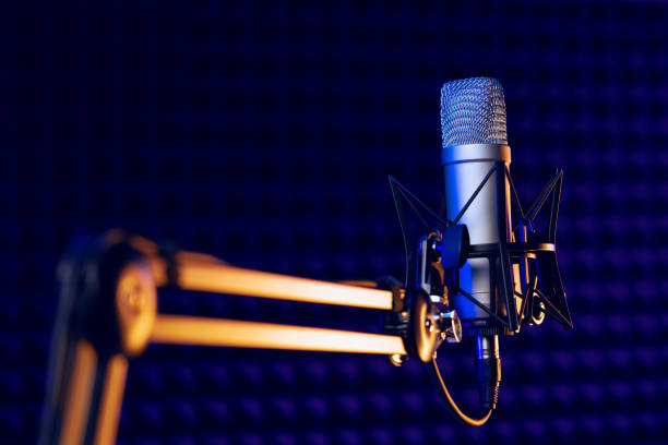 istock Close up of professional microphone in recording studio 1430914224