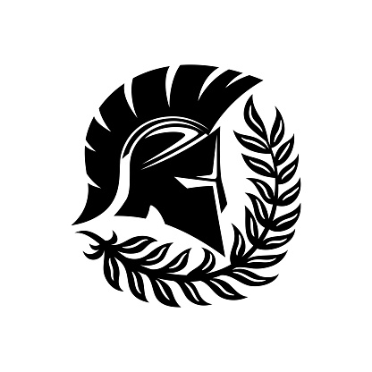 Spartan helmet and laurel branch isolated on white background.