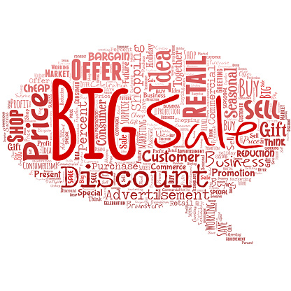 Big wordcloud in the shape of chat box with words big sale.