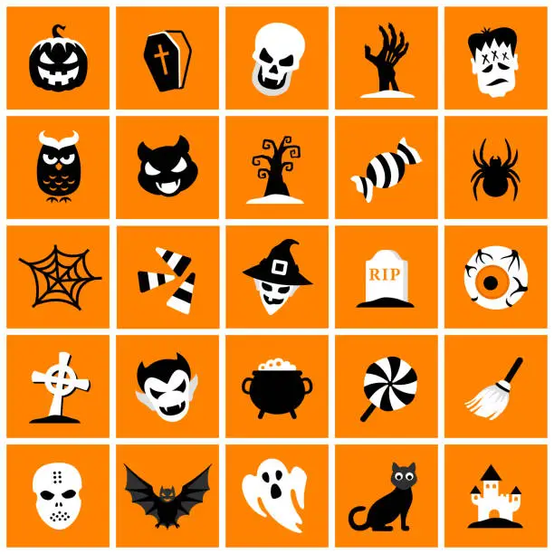 Vector illustration of Halloween Holiday. Orange Square Icon Set.