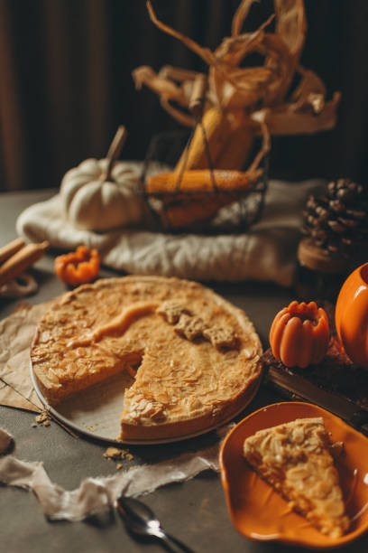 istock pumpkin pie for holiday dinner, thanksgiving dinner, halloween pie 1430919144
