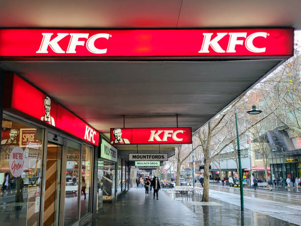 Melbourne, Australia: July 23, 2022: Kentucky Fried Chicken restaurant in a main street in Melbourne CBD. KFC is an American fast food chain specialising in fried chicken and take out.