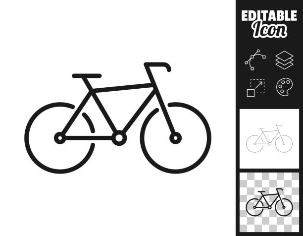 Bike. Icon for design. Easily editable Icon of "Bike" for your own design. Three icons with editable stroke included in the bundle: - One black icon on a white background. - One line icon with only a thin black outline in a line art style (you can adjust the stroke weight as you want). - One icon on a blank transparent background (for change background or texture). The layers are named to facilitate your customization. Vector Illustration (EPS file, well layered and grouped). Easy to edit, manipulate, resize or colorize. Vector and Jpeg file of different sizes. bike stock illustrations