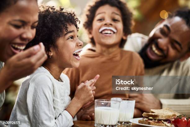 We Both Have Milk Mustache Stock Photo - Download Image Now - Eating, Drinking, Family