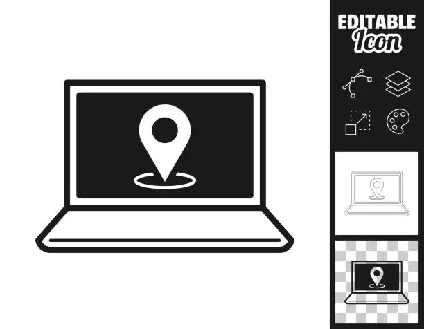 Vector illustration of Laptop with location pin. Icon for design. Easily editable