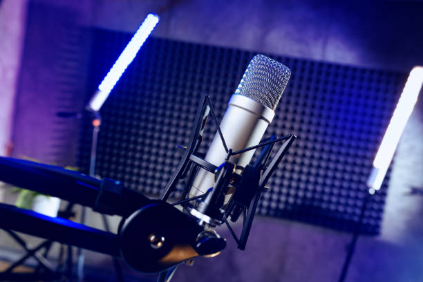 istock Close up of professional microphone in recording studio 1430926413