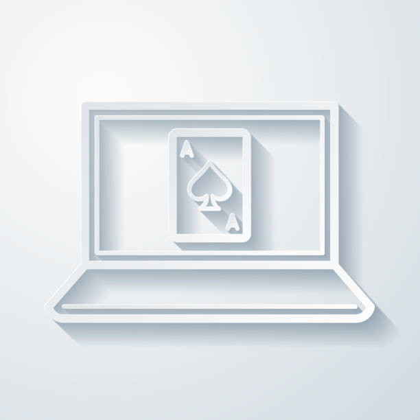 illustrations, cliparts, dessins animés et icônes de ordinateur portable avec carte à jouer. icône avec effet de coupe de papier sur fond vide - silhouette poker computer icon symbol