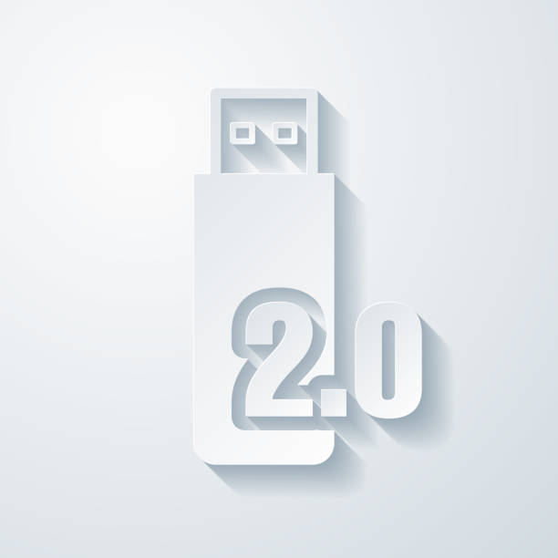 ilustraciones, imágenes clip art, dibujos animados e iconos de stock de unidad flash usb 2.0. icono con efecto de corte de papel sobre fondo en blanco - usb 2 0