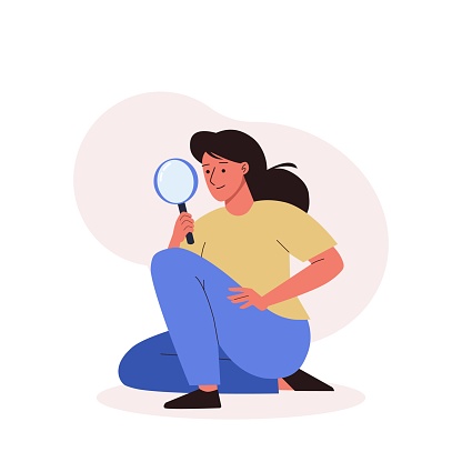 Woman holding a magnifying glass in her hands. business woman analyze work with loupe. Concept of search engine optimization. Flat vector illustration