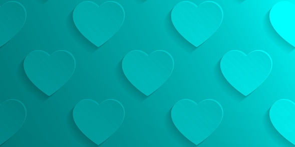 Modern and trendy abstract background. Seamless texture with heart patterns for your design (colors used: blue, green, turquoise). Vector Illustration (EPS10, well layered and grouped), wide format (2:1). Easy to edit, manipulate, resize or colorize.