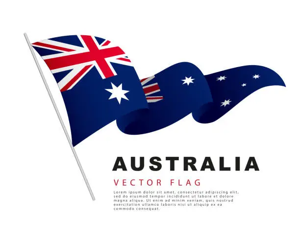 Vector illustration of The flag of Australia hangs on a flagpole and flutters in the wind. Vector illustration isolated on white background.