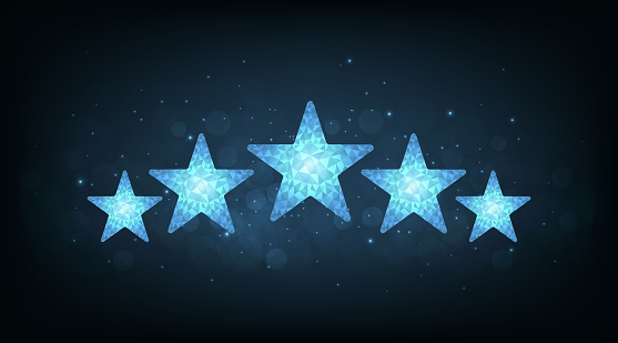 Rating concept. Wireframe five stars, low poly style.Five stars rating concept. Client satisfaction, luxury service evaluation on dark blue background.