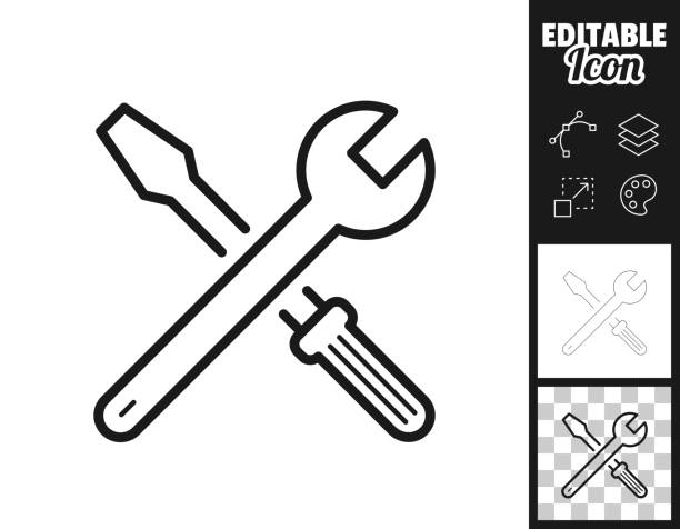 Tools - Wrench and screwdriver. Icon for design. Easily editable Icon of "Tools - Wrench and screwdriver" for your own design. Three icons with editable stroke included in the bundle: - One black icon on a white background. - One line icon with only a thin black outline in a line art style (you can adjust the stroke weight as you want). - One icon on a blank transparent background (for change background or texture). The layers are named to facilitate your customization. Vector Illustration (EPS file, well layered and grouped). Easy to edit, manipulate, resize or colorize. Vector and Jpeg file of different sizes. garage clipart stock illustrations