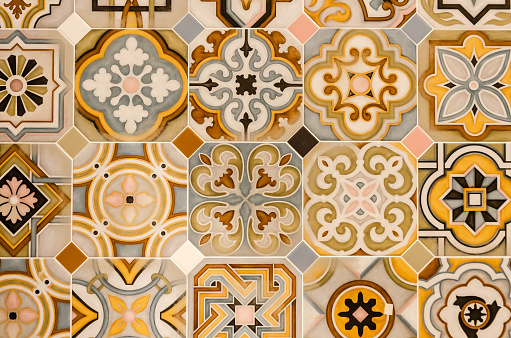Texture of Moroccan ceramic tiles. ceramic tiles in oriental style. Portuguese tiles. Background of colorful vintage ceramic tiles, wall, floor decoration.