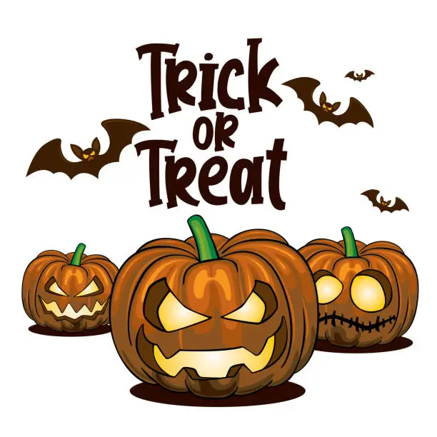 Vector illustration of Halloween day. Trick or treat. Scary pumpkins, bats and spider web. Vector illustration. White background.