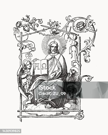 istock Jesus Christ, Alpha and Omega, wood engraving, published in 1894 1430939825