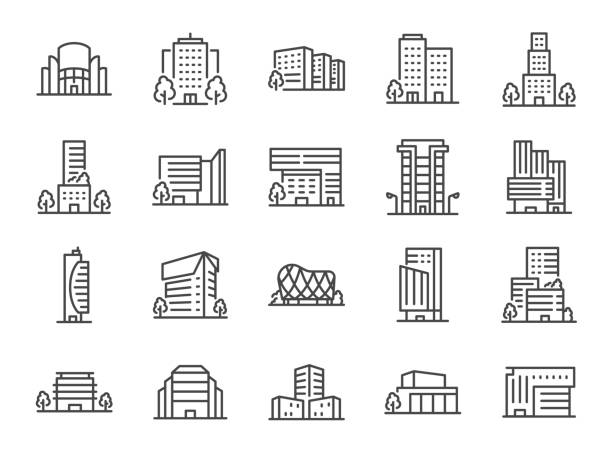 ilustraciones, imágenes clip art, dibujos animados e iconos de stock de conjunto de iconos de edificios. incluye los íconos como hogar, hotel, hospital médico, ciudad y más. - lugar turístico