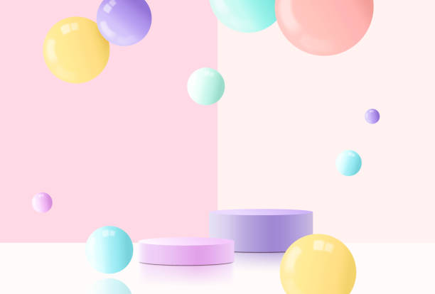 istock Realistic glossy plastic balls background. 3D cylinder pedestal podium with pastel minimal wall scene and shadow. 1430941185
