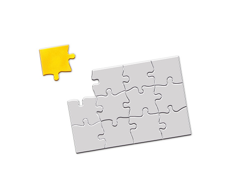 golden puzzle piece floating above the last open space of a white puzzle pattern