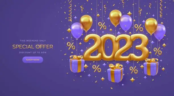 Vector illustration of Christmas sale design banner. Happy New 2023 Year. Gold metallic numbers 2023 with shopping bag, price tag, gift box with golden bow, fly helium balloons on purple background. Vector illustration.