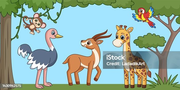 istock Cute cartoon african exotic animals background. Wild animals illustration, vector kids adventure book scene with monkey, giraffe and parrot 1430942575