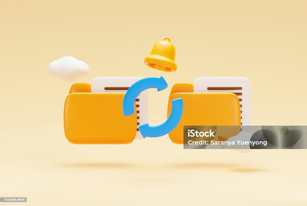 Folder with files. File transfer move or copy cloud server technology data download or upload icon or symbol on yellow background 3D illustration Agreement Stock Photo