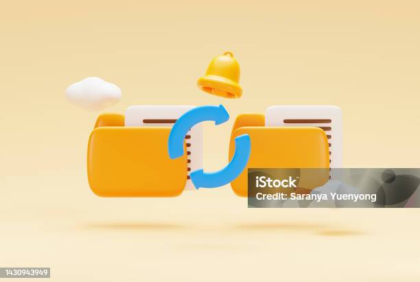 Folder With Files File Transfer Move Or Copy Cloud Server Technology Data Download Or Upload Icon Or Symbol On Yellow Background 3d Illustration Stock Photo - Download Image Now