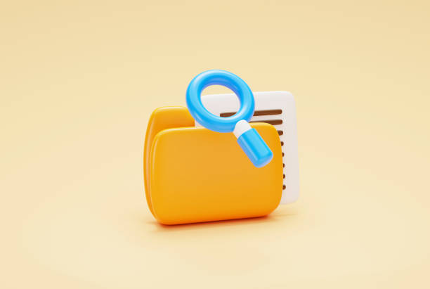 Magnifying glass and minimal yellow folder files paper search data information portfolio website banner icon or symbol on yellow background 3D illustration