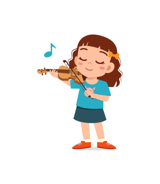 ilustraciones, imágenes clip art, dibujos animados e iconos de stock de niño pequeño toca el violín y se siente feliz - violinist