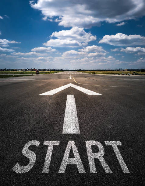 Start line on the airfield concept for business planning, strategy and challenge or career path, opportunity and change stock photo
