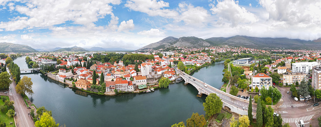 Aerial panorama  view of the Trebinje city and Trebisnjica river,  Republika Srpska, Bosnia and Herzegovina
