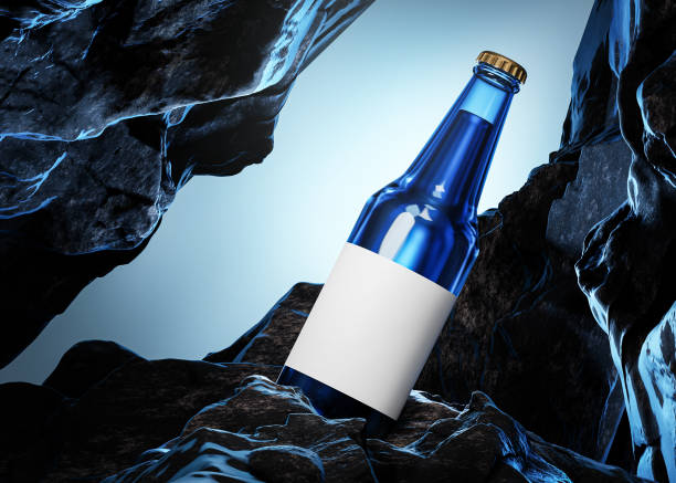 blue beer bottle beverage label mockup cliff rock landscape 3d render - editorial label man made material healthcare and medicine photos et images de collection