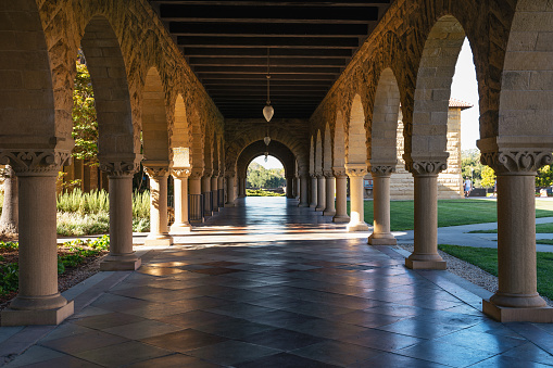 Palo Alto California summer 2022. Empty cloister main quad at Stanford University