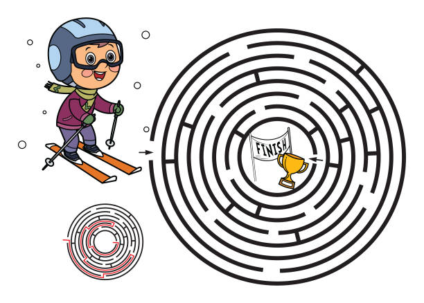 ilustrações de stock, clip art, desenhos animados e ícones de maze puzzle game for children. little boy skiing downhill - humor book fun human age
