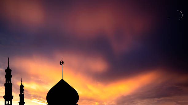 istock Mosques Dome Crescent Moon on Yellow Sky Background 1430951843