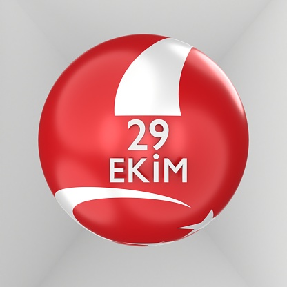 29 October Republic Day text on a red shiny sphere with a partial Turkish flag on white background. Easy to crop for all your print sizes and social media needs.