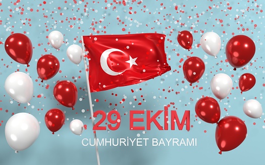 29 October Republic Day text on blue background with waving Turkish flag, red and white balloons and colorful confetties. Easy to crop for all your print sizes and social media needs.