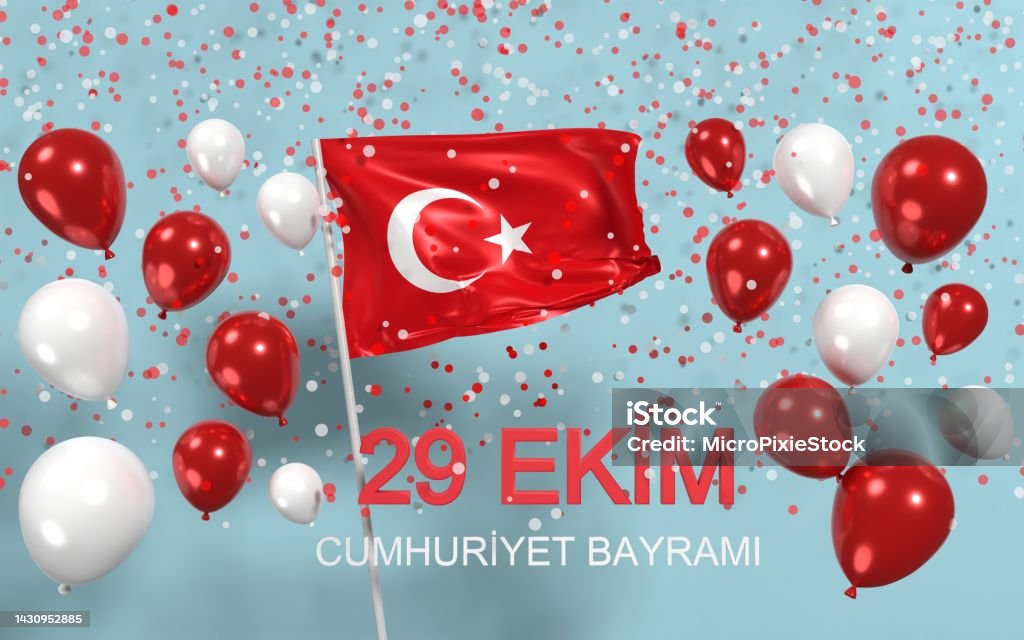 29 October Republic Day Text on Blue with Waving Turkish Flag Balloons and Confetties 29 October Republic Day text on blue background with waving Turkish flag, red and white balloons and colorful confetties. Easy to crop for all your print sizes and social media needs. Balloon Stock Photo
