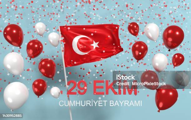 29 October Republic Day Text On Blue With Waving Turkish Flag Balloons And Confetties Stock Photo - Download Image Now