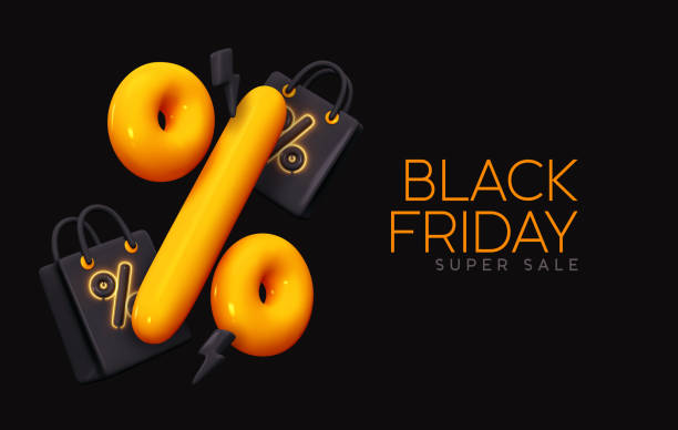 Black Friday super sale Black Friday super sale. Promo background with realistic 3d cartoon style elements, yellow big percentage sign. Shopping bag, percent symbols. Promotion banner, web poster. Vector illustration black friday stock illustrations