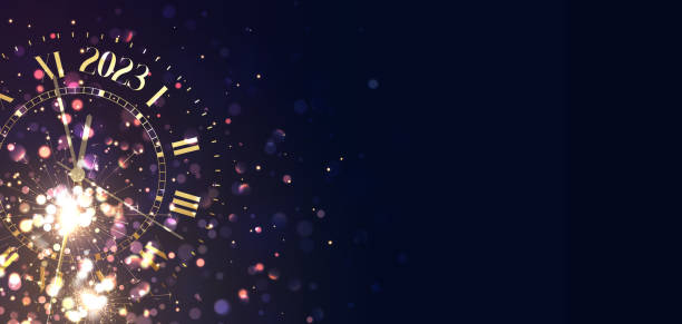 2023年新年の背景ヴィンテージゴールド輝く時計レポート時間5分から深夜0時まで。メリークリスマス、バナー、ウェブポスター。休日のベクターイラスト - new years party time点のイラスト素材／クリップアート素材／マンガ素材／アイコン素材