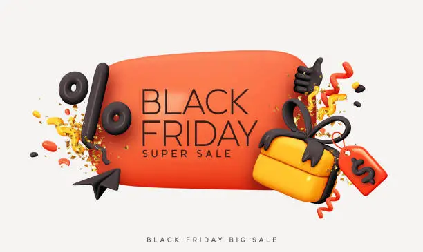 Vector illustration of Black Friday super sale. Promo background with realistic 3d cartoon style elements, gift box, confetti, percent symbols. Promotion banner, web poster. Vector illustration