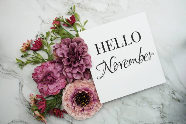 istock Hello November text with pink flower bouquet on marble background 1430954807