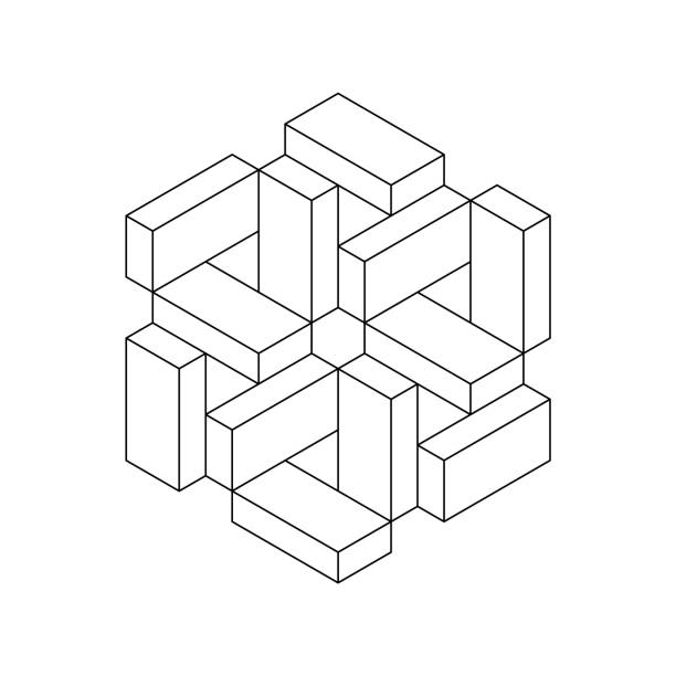 Complex geometric object made of rectangles. Impossible hexagonal shape line icon. Bricks or blocks unique isometric projection. Penrose Esher figure. Construction. Vector illustration, clip art. stock cubes stock illustrations