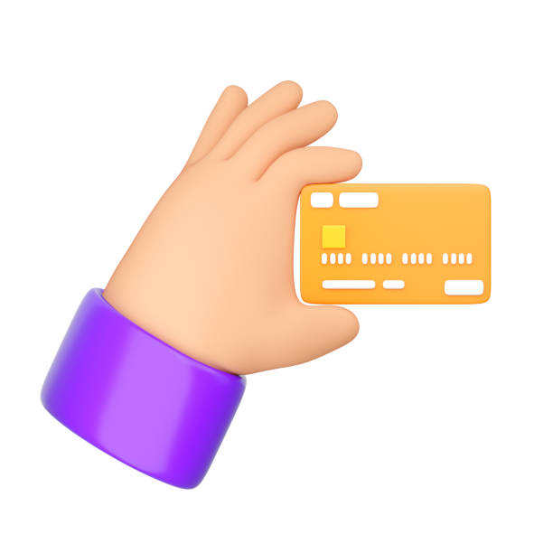 istock 3d Human hand holding bank orange credit card. 1430957820