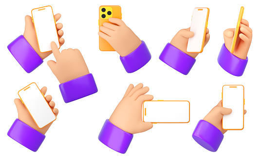 3d cartoon human hands holding smartphone set. Using mobile phone concept. Realistic 3d high quality render isolated on white background