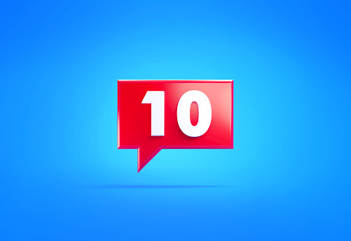 Red speech bubble and white number 10 over blue background. Horizontal composition with copy space. Front view.